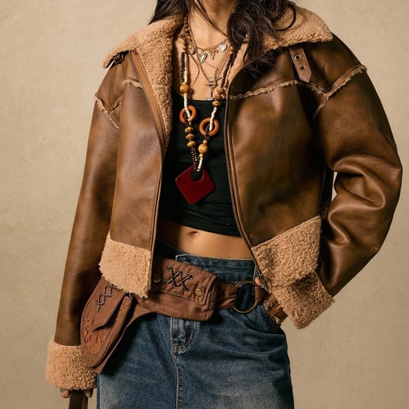 Cozy Sherpa Lined Vegan Leather Zip up Oversized Jacket - Picture 5 of 7